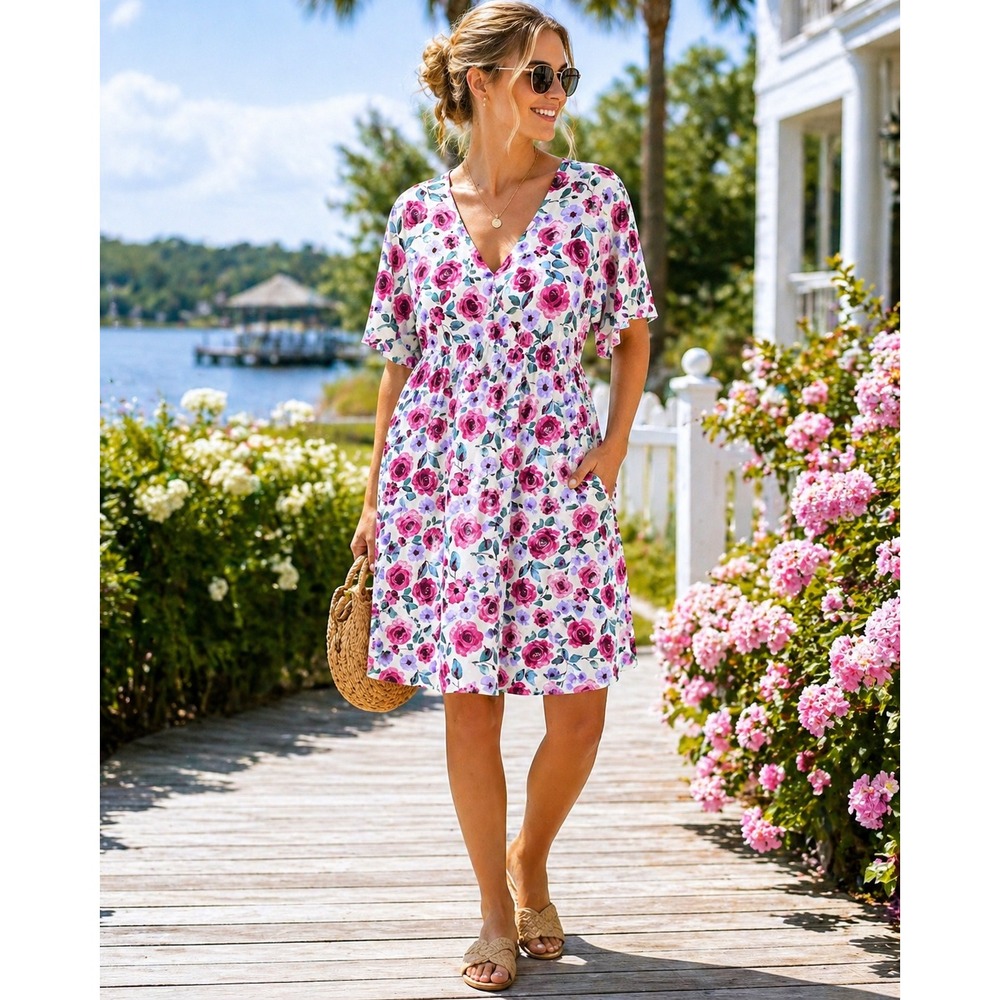 Andree by Unit Women Floral V-Neck Flutter Sleeve Babydoll‎ Dress Pink Purple M